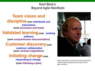 Team vision and
disciplineover individuals and
interactions
(over processes and tools)
Validated learningover working
software
(over comprehensive documentation)
Customer discoveryover
customer collaboration
(over contract negotiation)
Initiating changeover
responding to change <
(over following a plan)
Kent Beck’s
Beyond Agile Manifesto
http://www.forbes.com/sites/stevedenning/2011/0
5/04/innovation-applying-inspect-adapt-to-the-
agile-manifesto
 