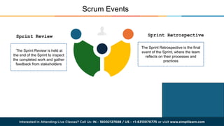 Scrum Events
Sprint Retrospective
Sprint Review
The Sprint Review is held at
the end of the Sprint to inspect
the completed work and gather
feedback from stakeholders
The Sprint Retrospective is the final
event of the Sprint, where the team
reflects on their processes and
practices
 