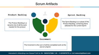Scrum Artifacts
Sprint Backlog
Product Backlog
Increment
The Product Backlog is a
dynamic list of all the work
needed for the product
The Sprint Backlog is a subset of the
Product Backlog, containing items
selected for the current Sprint
The Increment is the sum of all the completed work at the
end of a Sprint
 