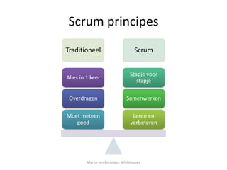 Scrum principes
Traditioneel                          Scrum


                                   Stapje voor
Alles in 1 keer
                                      stapje

 Overdragen                      Samenwerken

Moet meteen                         Leren en
   goed                            verbeteren




         Martin van Borselaer, Whitehorses
 