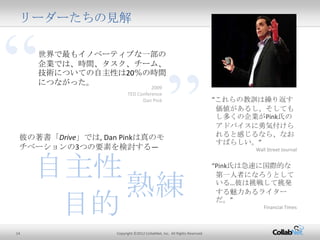14 Copyright ©2012 CollabNet, Inc. All Rights Reserved.
”
リーダーたちの見解
2009
TED Conference
Dan Pink “これらの教訓は繰り返す価
値があるし、そしてもし多く
の企業がPink氏のアドバイ
スに勇気付けられると感じ
るなら、なおすばらしい。”
Wall Street Journal
“Pink氏は急速に国際的な
第一人者になろうとしてい
る…彼は挑戦して挑発する
魅力あるライターだ。”
Financial Times
彼の著書「Drive」では, Dan Pinkは真のモチ
ベーションの3つの要素を検討する—
世界で最もイノベーティブな一部の企業
では、時間、タスク、チーム、技術につい
ての自主性は20％の時間につながった。
“
 