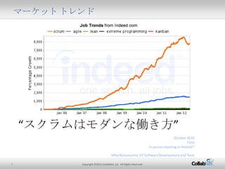7 Copyright ©2012 CollabNet, Inc. All Rights Reserved.
マーケット トレンド
“スクラムはモダンな働き方”
October 2010
Tieto
In person meeting in Helsinki”
Mika Koivuluoma, VP Software Development and Tools
 