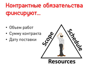 Контрактные обязательства
фиксируют…
•  Объем работ
•  Сумму контракта
•  Дату поставки
 