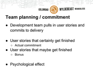 Ceremonies
Schematic:

                                           Sprint
               PO
 Planning              Team                                              Retro-
            presen-                                            Review
  poker               planning                                          spective
              tatie
                                   Daily     Daily     Daily
                                 standup   standup   standup
 