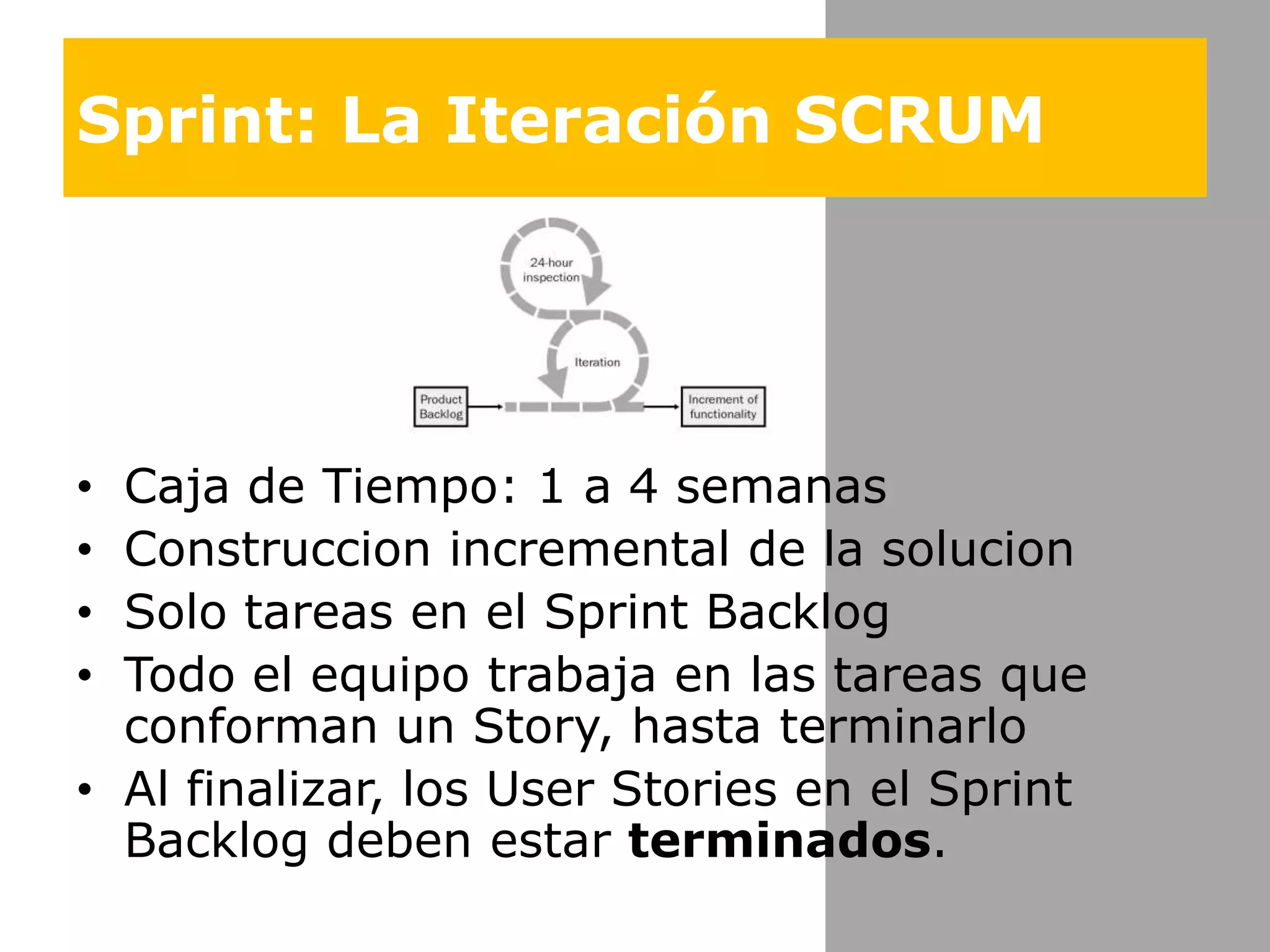 Sprint: La Iteración SCRUMCaja de Tiempo: 1 a 4 semanasConstruccion incremental de la solucionSolo tareas en el Sprint BacklogTodo el equipotrabaja en lastareasqueconforman un Story, hastaterminarloAl finalizar, los User Stories en el Sprint Backlog debenestarterminados. 