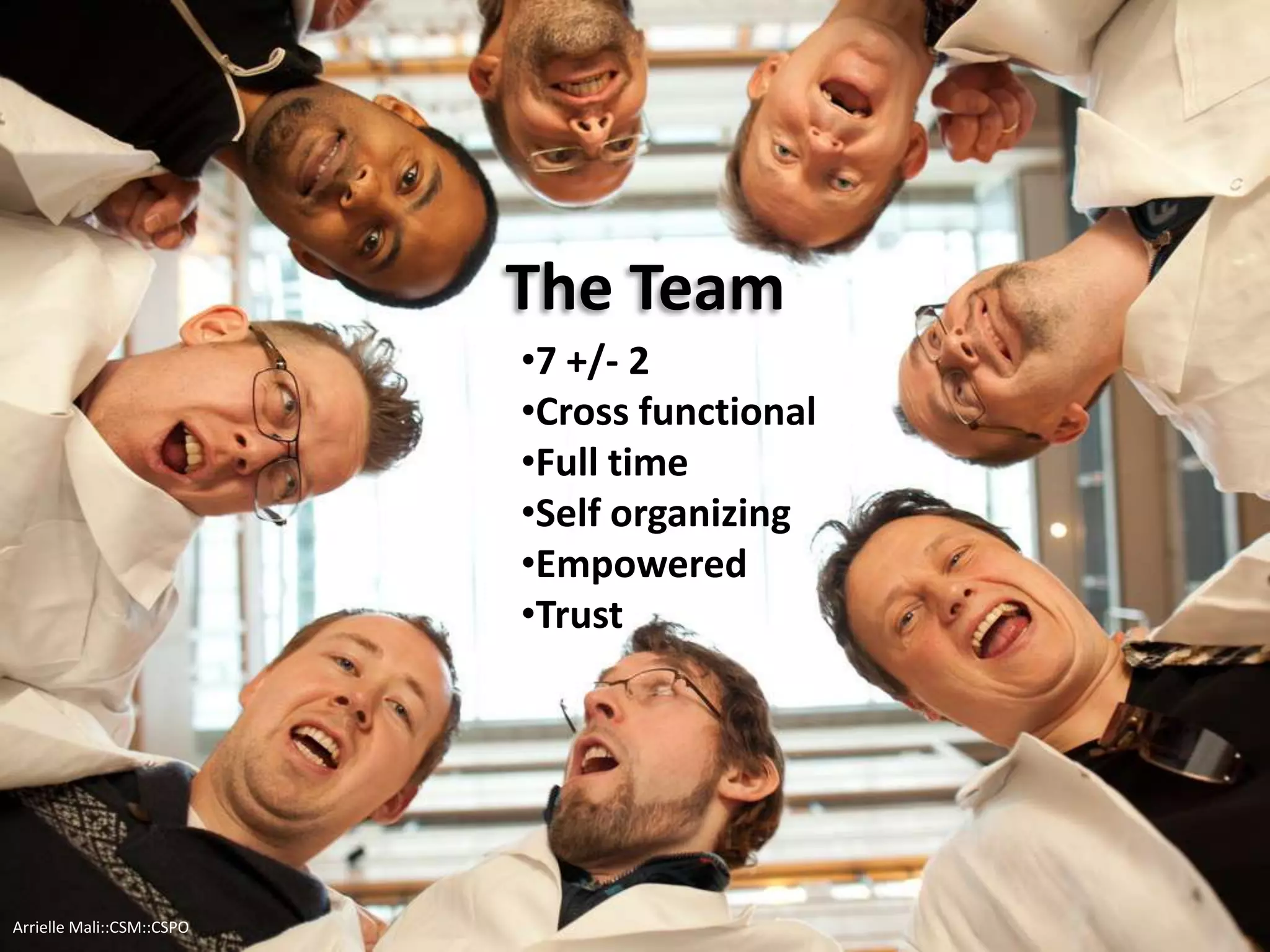 The Team
•7 +/- 2
•Cross functional
•Full time
•Self organizing
•Empowered
•Trust
Arrielle Mali :: CSP::CSPO::CSM
 