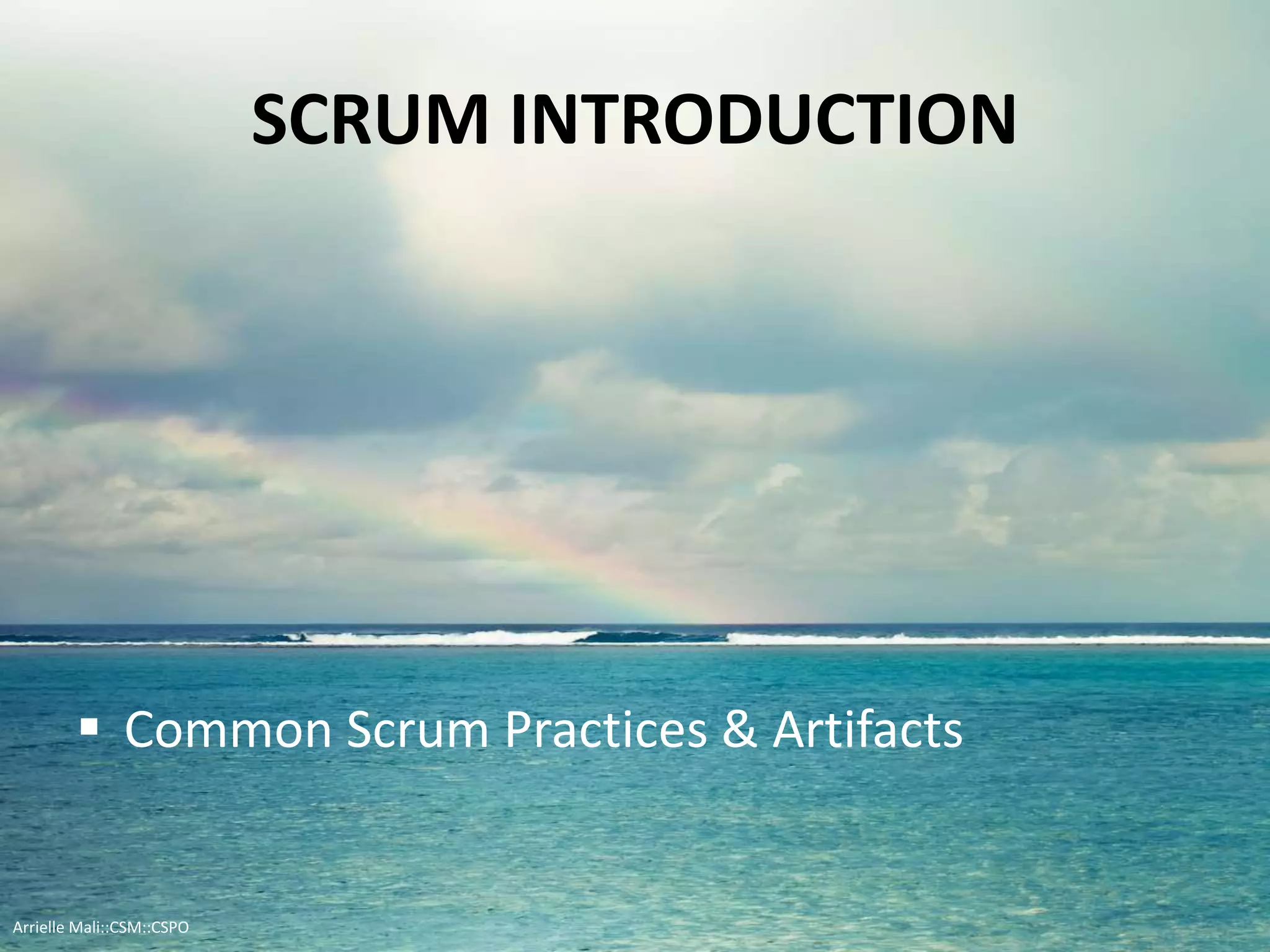 SCRUM INTRODUCTION
 Common Scrum Practices & Artifacts
Arrielle Mali :: CSP::CSPO::CSM
 