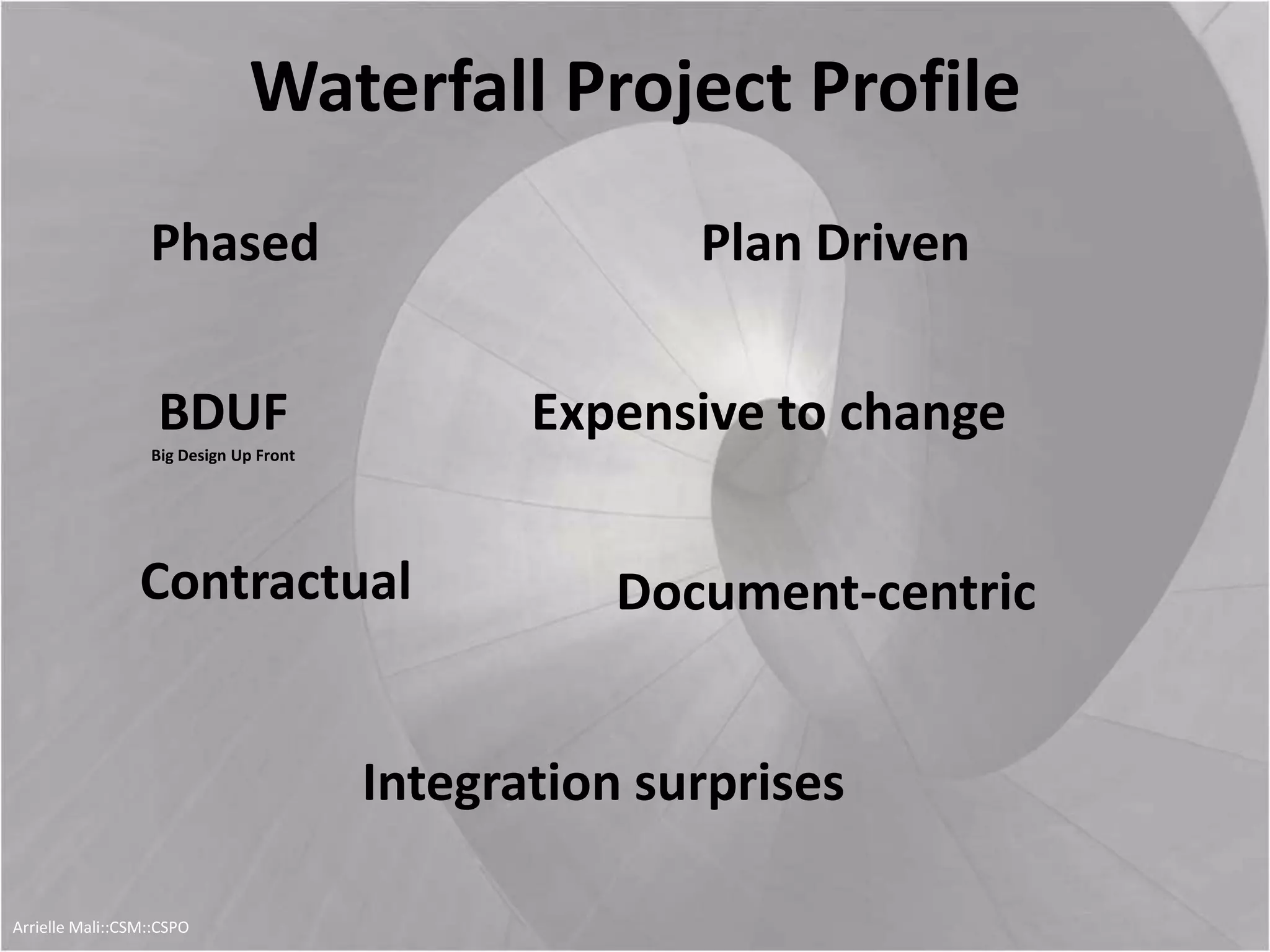 Waterfall Project Profile
Integration surprises
Phased Plan Driven
BDUF
Big Design Up Front
Expensive to change
Contractual Document-centric
Arrielle Mali :: CSP::CSPO::CSM
 