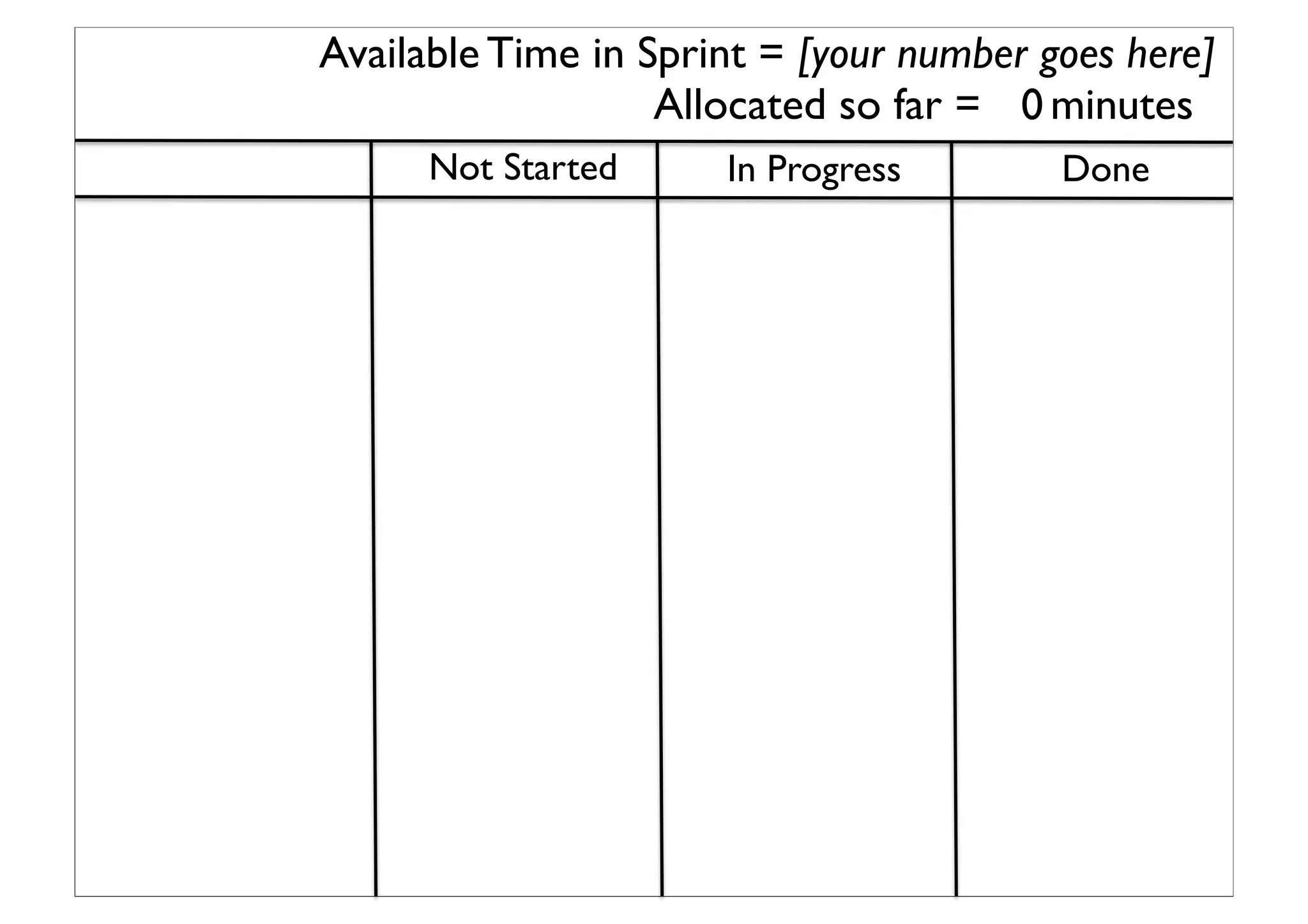Available Time in Sprint = [your number goes here]	

0	

Allocated so far = minutes	

Not Started	

 In Progress	

 Done	

 