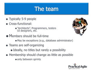• Typically 5-9 people
• Cross-functional:
•“Architects”, Programmers, testers  
UI designers, etc.
•Members should be full-time
•May be exceptions (e.g., database administrator)
• Teams are self-organizing
•Ideally, no titles but rarely a possibility
• Membership should change as little as possible
•only between sprints
 