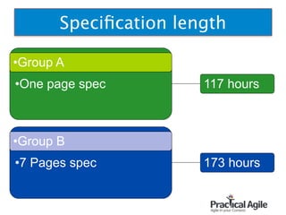 Speciﬁcation length
•One page spec
•Group A
•7 Pages spec
•Group B
173 hours
117 hours
 