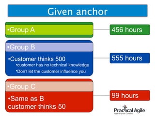 Given anchor
•Group A
!
!
•Customer thinks 500
•customer has no technical knowledge
•Don’t let the customer influence you
•Group B
555 hours
456 hours
!
!
•Same as B  
customer thinks 50
•Group C
99 hours
 