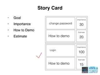 Story Card
• Goal
• Importance
• How to Demo
• Estimate
change password
How to demo
Importance
Estimate
30
20
Login
How to demo
Importance
Estimate
100
15
 