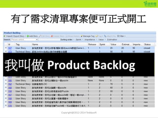 有了需求清單專案便可正式開工
我叫做 Product Backlog
Copyright@2012-2014 Teddysoft
 