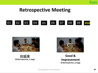 37
Retrospective Meeting
D1 D2 D3 D4 D5 D6 D7 D8 D9 D10
說感激
(8.Retrospective_1.mpg)
Good &
Improvement
(9.Retrospective_2....