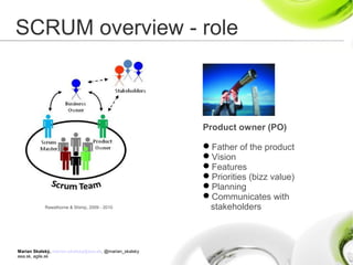 Marian Skalský, marian.skalsky@eea.sk, @marian_skalsky
eea.sk, agile.sk
SCRUM overview - role
Product owner (PO)
Father of the product
Vision
Features
Priorities (bizz value)
Planning
Communicates with
stakeholdersRawsthorne & Shimp, 2009 - 2010
 