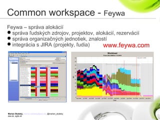 Marian Skalský, marian.skalsky@eea.sk, @marian_skalsky
eea.sk, agile.sk
Common workspace - Feywa
Feywa – správa alokácií
správa ľudských zdrojov, projektov, alokácií, rezervácií
správa organizačných jednotiek, znalostí
integrácia s JIRA (projekty, ľudia) www.feywa.com
 