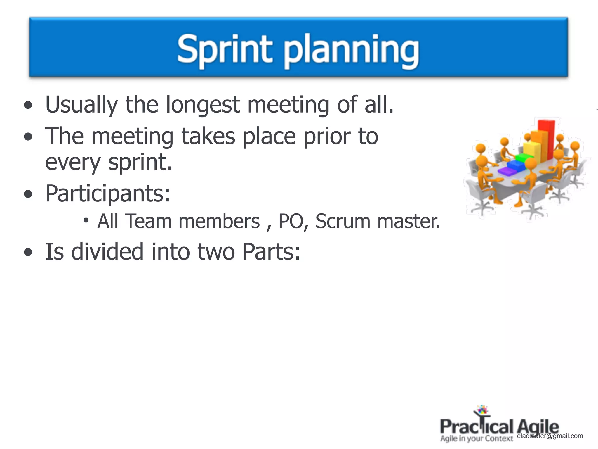 • Usually the longest meeting of all.
• The meeting takes place prior to
  every sprint.
• Participants:
      • All Team members , PO, Scrum master.
• Is divided into two Parts:




                                               elad.sofer@gmail.com
 