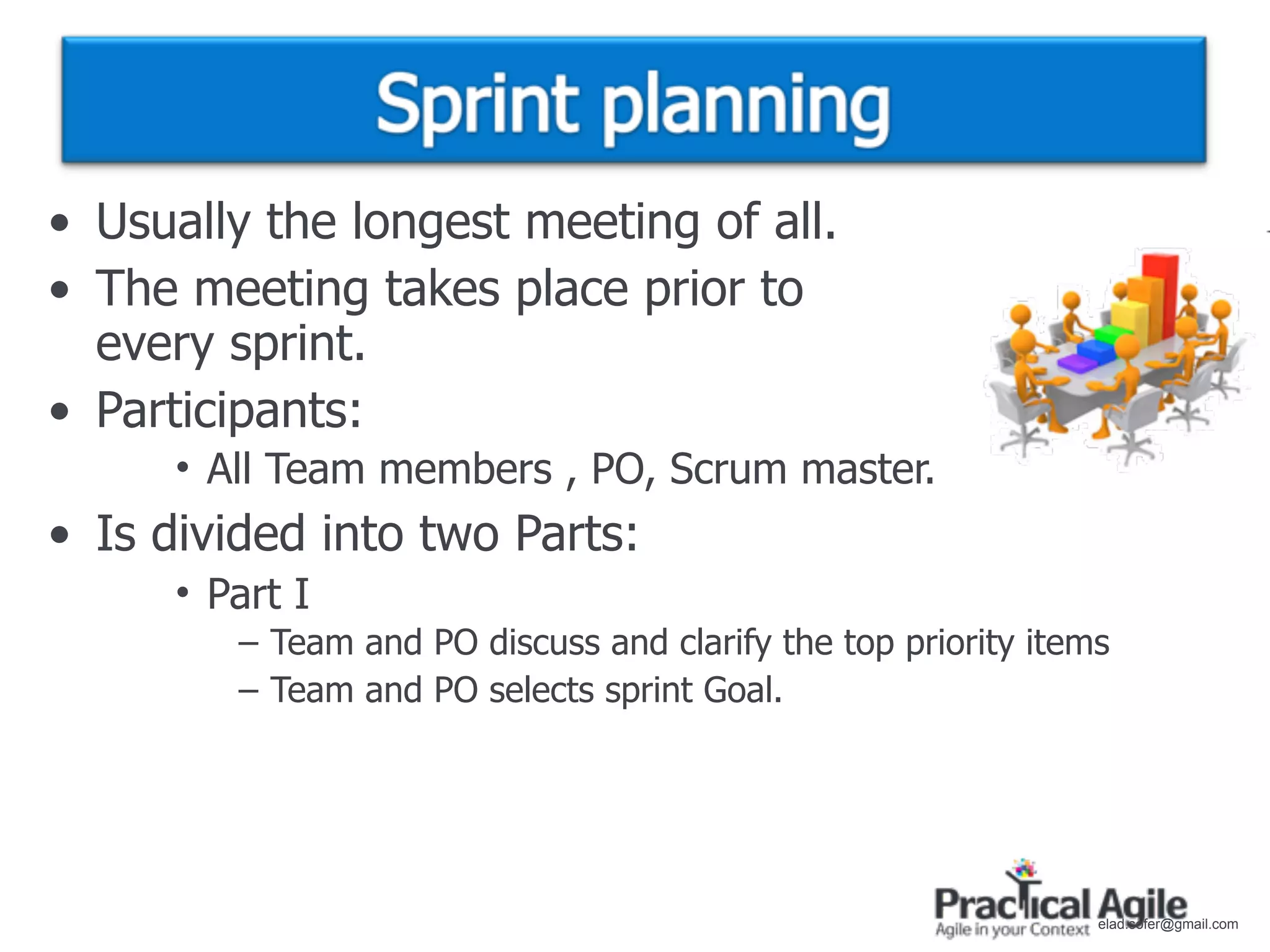 • Usually the longest meeting of all.
• The meeting takes place prior to
  every sprint.
• Participants:
      • All Team members , PO, Scrum master.
• Is divided into two Parts:
      • Part I
         – Team and PO discuss and clarify the top priority items
         – Team and PO selects sprint Goal.




                                                                elad.sofer@gmail.com
 