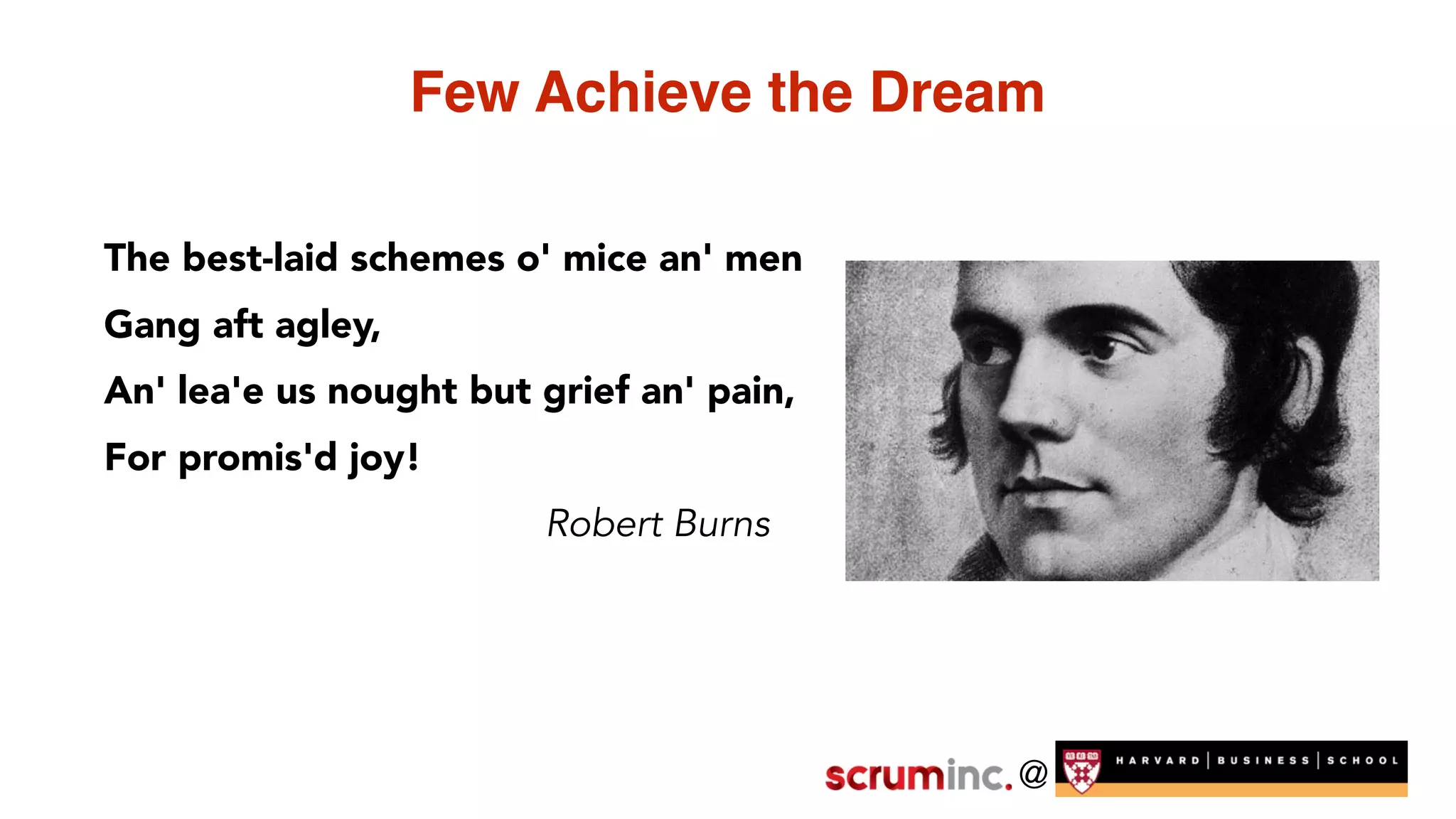 @
Few Achieve the Dream
The best-laid schemes o' mice an' men
Gang aft agley,
An' lea'e us nought but grief an' pain,
For promis'd joy!
Robert Burns
 