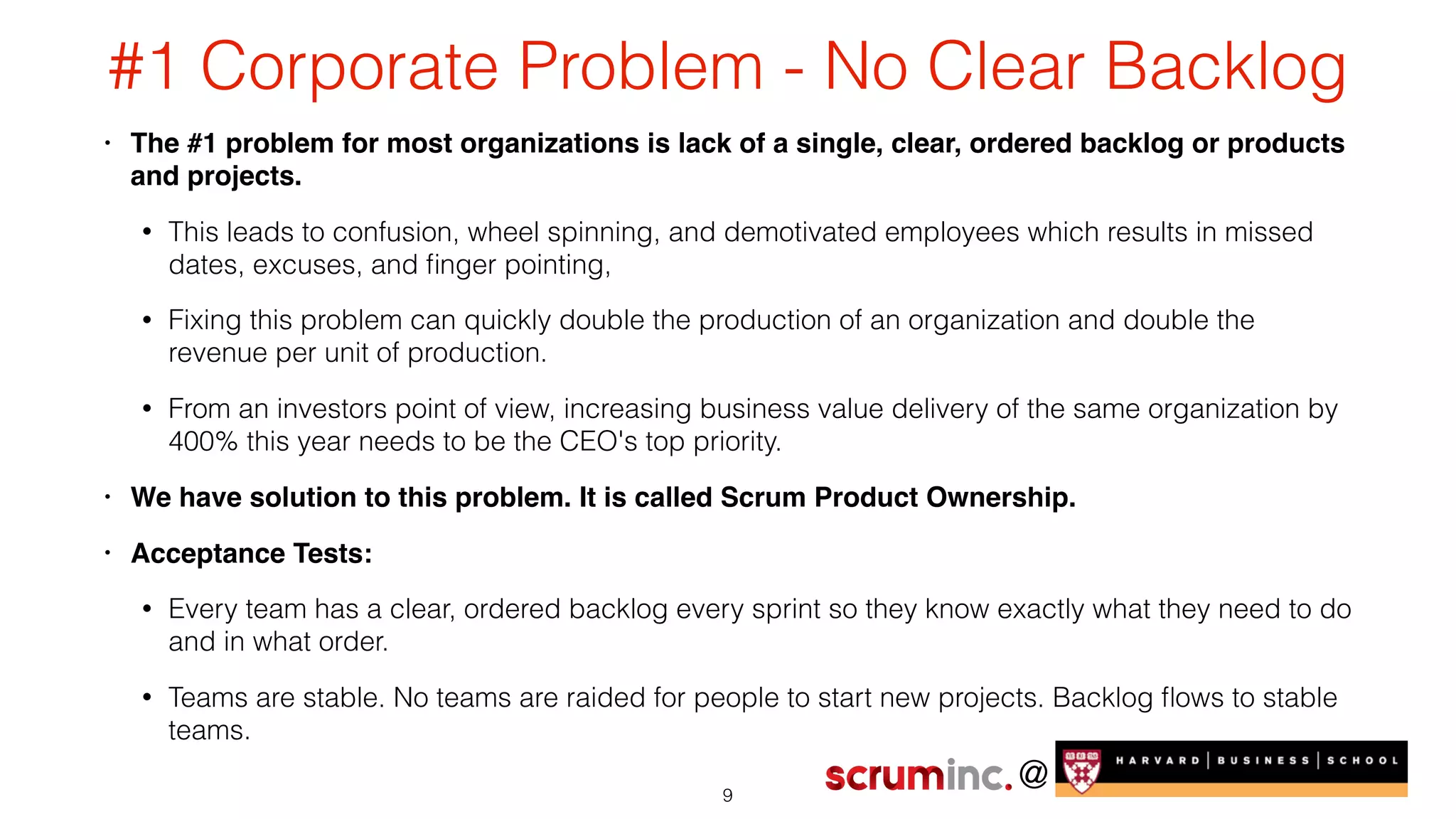 @
#1 Corporate Problem - No Clear Backlog
• The #1 problem for most organizations is lack of a single, clear, ordered backlog or products
and projects.
• This leads to confusion, wheel spinning, and demotivated employees which results in missed
dates, excuses, and ﬁnger pointing,
• Fixing this problem can quickly double the production of an organization and double the
revenue per unit of production.
• From an investors point of view, increasing business value delivery of the same organization by
400% this year needs to be the CEO's top priority.
• We have solution to this problem. It is called Scrum Product Ownership.
• Acceptance Tests:
• Every team has a clear, ordered backlog every sprint so they know exactly what they need to do
and in what order.
• Teams are stable. No teams are raided for people to start new projects. Backlog ﬂows to stable
teams.
9
 
