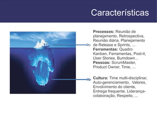 Características
Processos: Reunião de
planejamento, Retrospectiva,
Reunião diária, Planejamento
de Release e Sprints, ...
Ferramentas: Quadro
Kanban, Ferramentas, Post-it,
User Stories, Burndown...
Pessoas: ScrumMaster,
Product Owner, Time, ...

Cultura: Time multi-disciplinar,
Auto-gerenciamento, Valores,
Envolvimento do cliente,
Entrega frequente, Liderança-
colaboração, Respeito, ...
 