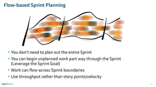 Flow-based Sprint Planning
• You don’t need to plan out the entire Sprint
• You can begin unplanned work part way through the Sprint
(Leverage the Sprint Goal)
• Work can flow across Sprint boundaries
• Use throughput rather than story points/velocity
16
 