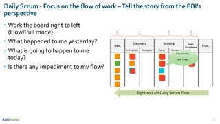 • Work the board right to left
(Flow/Pull mode)
• What happened to me yesterday?
• What is going to happen to me
today?
• Is there any impediment to my flow?
18
Daily Scrum - Focus on the flow of work –Tell the story from the PBI’s
perspective
So yesterday…
And Today…
Right-to-Left Daily Scrum Flow
 
