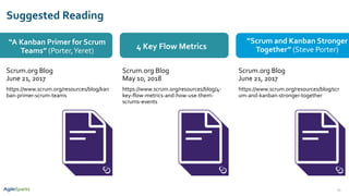 Scrum.org Blog
June 21, 2017
https://www.scrum.org/resources/blog/kan
ban-primer-scrum-teams
31
Suggested Reading
“A Kanban Primer for Scrum
Teams” (Porter,Yeret)
4 Key Flow Metrics
• ”Scrum and Kanban Stronger
Together” (Steve Porter)
Scrum.org Blog
June 21, 2017
https://www.scrum.org/resources/blog/scr
um-and-kanban-stronger-together
Scrum.org Blog
May 10, 2018
https://www.scrum.org/resources/blog/4-
key-flow-metrics-and-how-use-them-
scrums-events
 