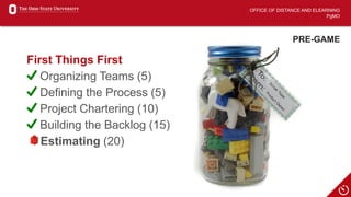 OFFICE OF DISTANCE AND ELEARNING
PgMO
PRE-GAME
First Things First
Organizing Teams (5)
Defining the Process (5)
Project Chartering (10)
Building the Backlog (15)
Estimating (20)
 