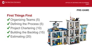 OFFICE OF DISTANCE AND ELEARNING
PgMO
PRE-GAME
First Things First
Organizing Teams (5)
Defining the Process (5)
Project Chartering (10)
Building the Backlog (15)
Estimating (20)
0
 