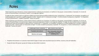 Roles
Todas las personas que intervienen, o tienen relación directa o indirecta con el proyecto, se clasifican en dos grupos: comprometidos e implicados. En círculos de
scrum es frecuente llamar a los primeros “cerdos” y a los segundos “gallinas”.
El origen de estos nombres está en la siguiente metáfora que ilustra de forma gráfica la diferencia entre “compromiso” e “implicación” en el proyecto: Una gallina y un
cerdo paseaban por la carretera. La gallina preguntó al cerdo: “¿Quieres abrir un restaurante conmigo?”. El cerdo consideró la propuesta y respondió: “Sí, me gustaría.
¿Y cómo lo llamaríamos?”. La gallina respondió: “huevos con jamón”.
Todas las personas que intervienen, o tienen relación directa o indirecta con el proyecto, se clasifican en dos grupos: comprometidos e implicados. En círculos de
scrum es frecuente llamar a los primeros (sin ninguna connotación peyorativa) “cerdos” y a los segundos “gallinas”. El origen de estos nombres está en la siguiente
metáfora que ilustra de forma gráfica la diferencia entre “compromiso” e “implicación” en el proyecto: Una gallina y un cerdo paseaban por la carretera. La gallina
preguntó al cerdo: “¿Quieres abrir un restaurante conmigo?”. El cerdo consideró la propuesta y respondió: “Sí, me gustaría. ¿Y cómo lo llamaríamos?”. La gallina
respondió: “huevos con jamón”.
• Propietario del producto: es la persona responsable de lograr el mayor valor de producto para los clientes, usuarios y resto de implicados.
• Equipo de desarrollo: grupo o grupos de trabajo que desarrollan el producto.
 