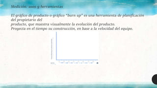 Medición: usos y herramientas
El gráfico de producto o gráfico “burn up” es una herramienta de planificación
del propietario del
producto, que muestra visualmente la evolución del producto.
Proyecta en el tiempo su construcción, en base a la velocidad del equipo.
 