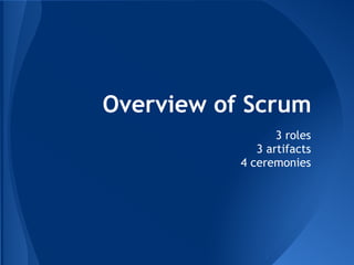 Overview of Scrum
3 roles
3 artifacts
4 ceremonies
 