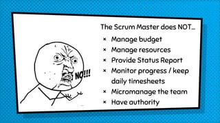 The Scrum Master does NOT...
× Manage budget
× Manage resources
× Provide Status Report
× Monitor progress / keep
daily timesheets
× Micromanage the team
× Have authority
No!!!
 
