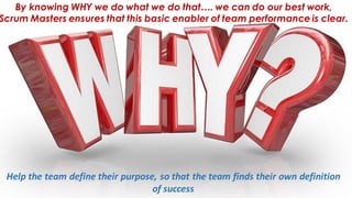 By knowing WHY we do what we do that…. we can do our best work,
Scrum Masters ensures that this basic enabler of team performance is clear.
Help the team define their purpose, so that the team finds their own definition
of success
 
