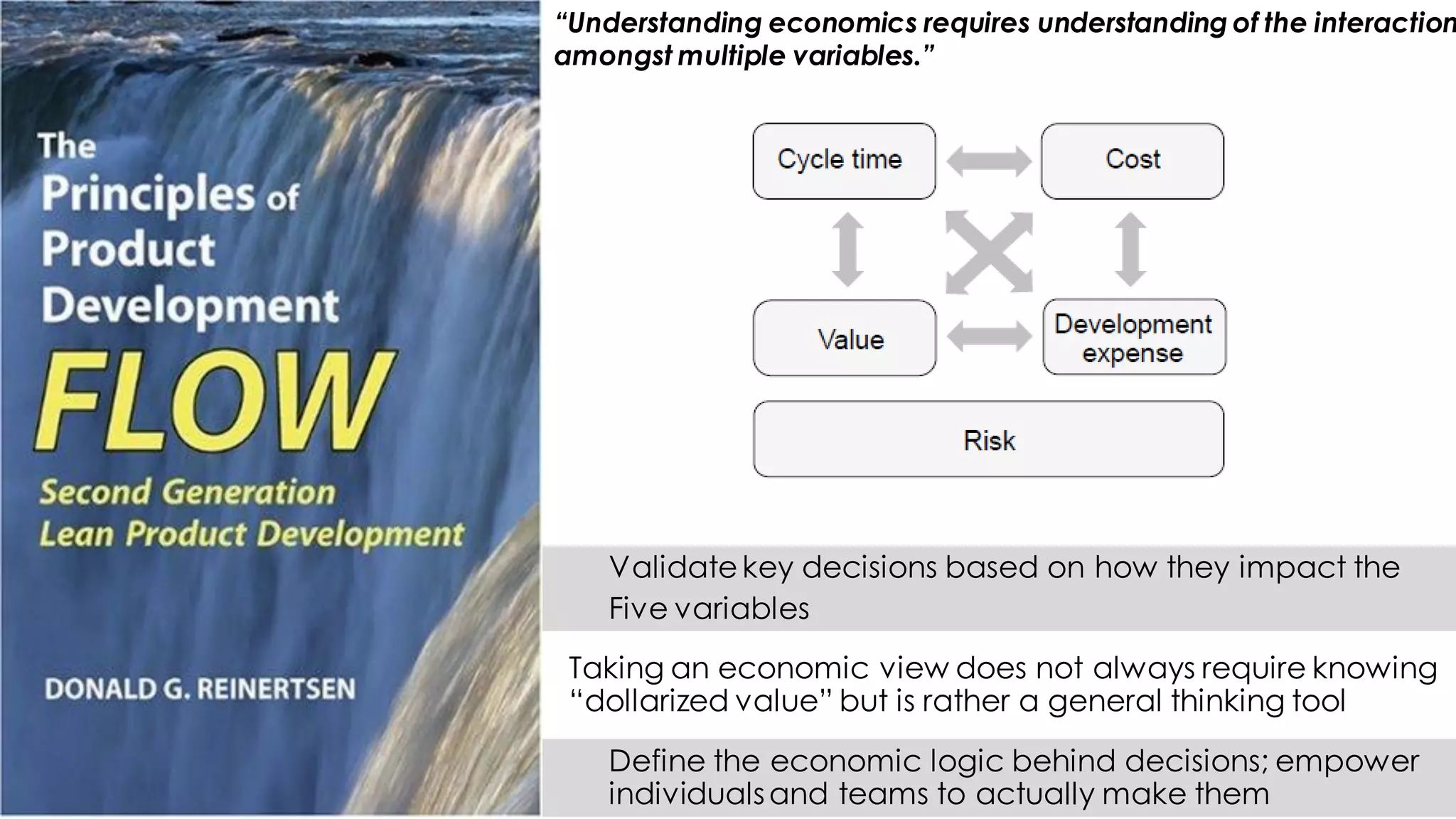 “Understanding economics requires understanding of the interaction
amongst multiple variables.”
Taking an economic view does not always require knowing
“dollarized value” but is rather a general thinking tool
Define the economic logic behind decisions; empower
individualsand teams to actually make them
Validate key decisions based on how they impact the
Five variables
 