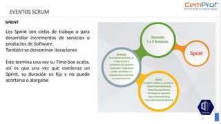 EVENTOS SCRUM
SPRINT
54
Los Sprint son ciclos de trabajo o para
desarrollar incrementos de servicios o
productos de Software.
También se denominan iteraciones
Este termina una vez su Time-box acaba,
así es que una vez que comienza un
Sprint, su duración es fija y no puede
acortarse o alargarse
 