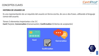CONCEPTOS CLAVES
59
Es una representación de un requisito del usuario en forma escrita, de una o dos frases, utilizando el lenguaje
común del usuario.
Tienen 3 elementos importantes o las 3 C
Card (Tarjeta), Conversation (Conversación), Confirmation (Criterios de aceptación)
HISTORIA DE USUARIO UH
 