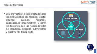 Tipos de Proyectos
• Los proyectos se ven afectados por
las limitaciones de tiempo, costo,
alcance, calidad, recursos,
capacidades organizativas y otras
limitaciones que los hacen difíciles
de planificar, ejecutar, administrar
y finalmente tener éxito.
6
 