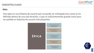 CONCEPTOS CLAVES
62
ÉPICA
Una épica es una historia de usuario que no puede ser entregada tal y como se ha
definido dentro de una sola iteración, o que es suficientemente grande como para
ser partida en historias de usuario más pequeñas.
 