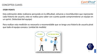CONCEPTOS CLAVES
63
STORY POINTS
Esta estimación debe realizarse pensando en la dificultad, esfuerzo o incertidumbre que represente
cada historia de usuario, esto se realiza para saber con cuanto puede comprometerse un equipo en
un sprint. (Velocidad del equipo)
Para realizar esta medición es necesario o recomendable que se tenga una historia de usuario pivot
que todo el equipo conozca. (unidad de medida)
Recuperada de https://tech.xing.com/when-story-points-misfire-88b068bfc97c
 