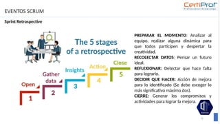 EVENTOS SCRUM
Sprint Retrospective
72
PREPARAR EL MOMENTO: Analizar al
equipo, realizar alguna dinámica para
que todos participen y despertar la
creatividad.
RECOLECTAR DATOS: Pensar un futuro
ideal.
REFLEXIONAR: Detectar que hace falta
para lograrlo.
DECIDIR QUE HACER: Acción de mejora
para lo identificado (Se debe escoger lo
más significativo máximo dos).
CIERRE: Generar los compromisos y
actividades para lograr la mejora.
 