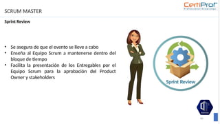 SCRUM MASTER
Sprint Review
84
• Se asegura de que el evento se lleve a cabo
• Enseña al Equipo Scrum a mantenerse dentro del
bloque de tiempo
• Facilita la presentación de los Entregables por el
Equipo Scrum para la aprobación del Product
Owner y stakeholders
 