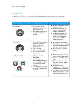 Scrum Master Handbook
4
2. Scrum Team
A Self-organised and cross functional team – designed to optimize flexibility, creativity and productivity.
Role Description Rules
Product Owner • Maximize the value of
product and work of the
development team.
• Sole person responsible for
managing the product
backlog.
• Product Owner is one person,
not a committee.
• Only a Product owner can
make changes to product
backlog item’s priority.
• Only a product owner can
cancel a sprint under the
influence of stakeholders,
scrum master and the
development team.
Scrum Master • Responsible for making sure
everyone understands
Scrum and adheres.
• Facilitate Scrum events.
• Coach the team.
• Remove impediments.
• Help by organisation to
adopt Scrum.
• Scrum Master ensures only
helpful interactions are taking
place with the development
team and anyone outside.
• Scrum Master is a Servant-
Leader.
Development Team • Self-organised and
accountable
• No one tells the
development team how to
turn the backlog item into
increments of realisable
product.
• Cross functional team with
all skills to create a product
increment.
• Development team shouldn’t
act on anyone else’s request.
• Team size should be between
3 & 9.
• Everyone’s title is Developer
and there shouldn’t be any
sub teams.
• No one can instruct
development team to work on
different set of requirements.
• The number of items from the
backlog for the sprint is solely
up to the development team
Developer Developer
Developer
 