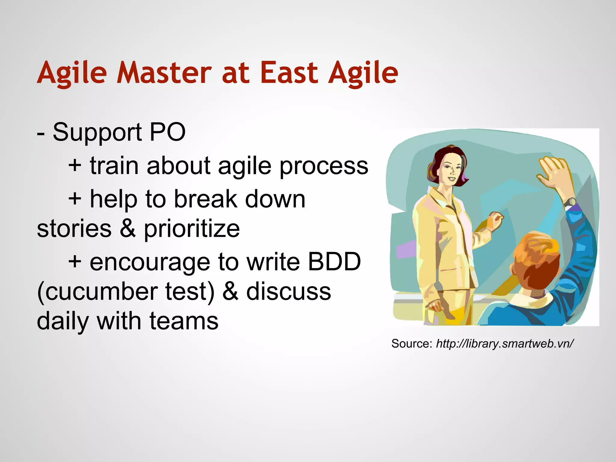 Agile Master at East Agile
- Support PO
   + train about agile process
   + help to break down
stories & prioritize
   + encourage to write BDD
(cucumber test) & discuss
daily with teams
                                 Source: http://library.smartweb.vn/
 