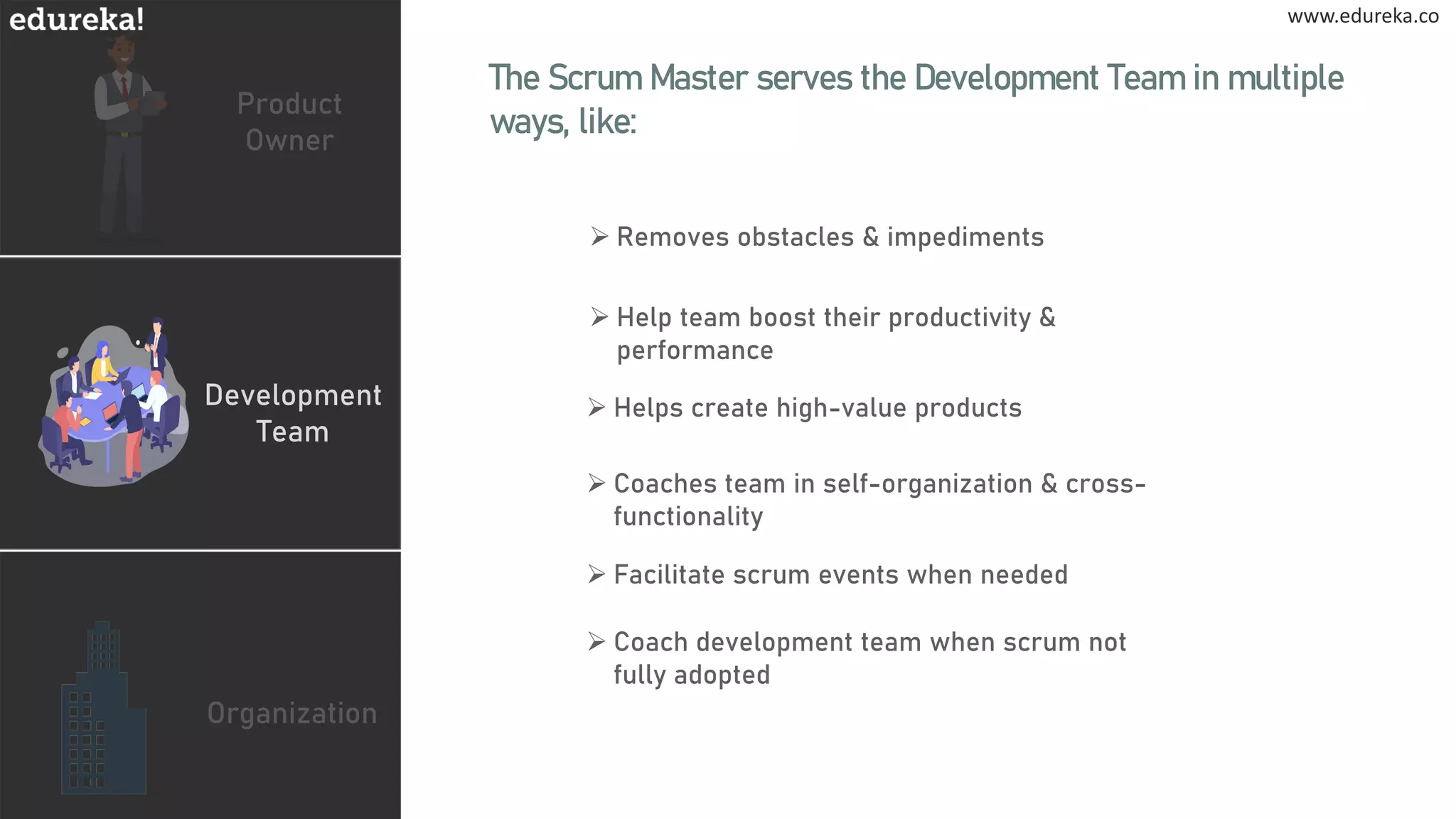 www.edureka.co
www.edureka.co
Product
Owner
Development
Team
Organization
The Scrum Master serves the Development Team in multiple
ways, like:
➢ Removes obstacles & impediments
➢ Helps create high-value products
➢ Facilitate scrum events when needed
➢ Coach development team when scrum not
fully adopted
➢ Help team boost their productivity &
performance
➢ Coaches team in self-organization & cross-
functionality
 