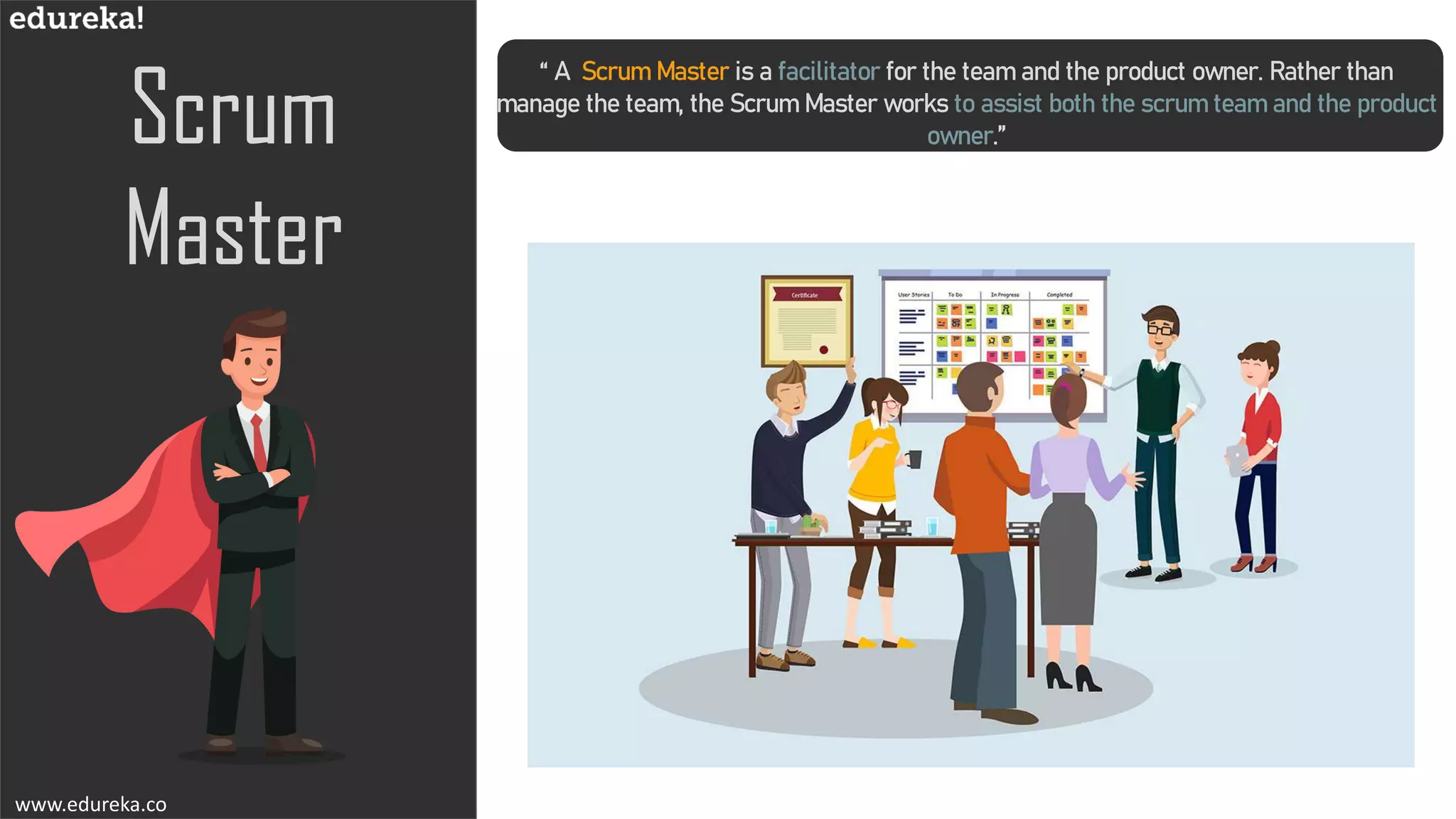 Scrum
Master
www.edureka.co
“ A Scrum Master is a facilitator for the team and the product owner. Rather than
manage the team, the Scrum Master works to assist both the scrum team and the product
owner.”
 