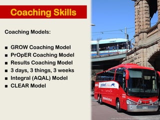 Coaching Models:
■ GROW Coaching Model
■ PrOpER Coaching Model
■ Results Coaching Model
■ 3 days, 3 things, 3 weeks
■ Inte...