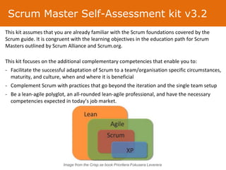 Scrum Master Self-Assessment kit v3.2
This kit assumes that you are already familiar with the Scrum foundations covered by the
Scrum guide. It is congruent with the learning objectives in the education path for Scrum
Masters outlined by Scrum Alliance and Scrum.org.
This kit focuses on the additional complementary competencies that enable you to:
- Facilitate the successful adaptation of Scrum to a team/organisation specific circumstances,
maturity, and culture, when and where it is beneficial
- Complement Scrum with practices that go beyond the iteration and the single team setup
- Be a lean-agile polyglot, an all-rounded lean-agile professional, and have the necessary
competencies expected in today’s job market.
Image from the Crisp.se book Prioritera Fokusera Leverera
 